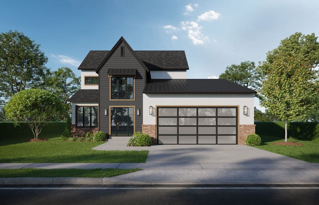 Custom two-story farmhouse with mixed black and white exterior, brick base, metal roof, and glass garage door on a residential street lined with trees